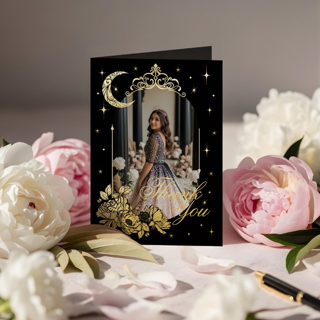 Carte De Vacances Métallisée Étoiles florales de lune céleste Quinceañera Merci (Floral Celestial Moon Stars Quinceañera Thank You Foil Greeting Card (Front))