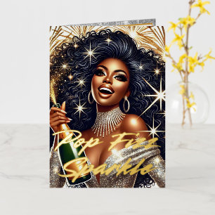 Carte De Vacances Métallisée Femme Noire Glamour Ouvrant une Bouteille de Champ