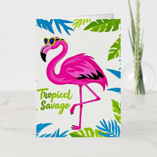 Carte De Vacances Métallisée Flamant rose tropical debout sur une jambe