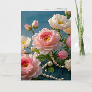 Carte De Vacances Métallisée Fleurs de blush rose clair élégantes avec perles