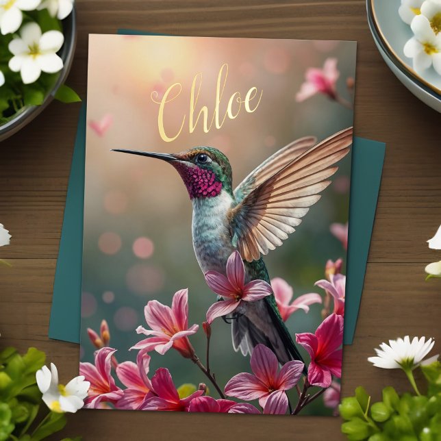 Carte De Vacances Métallisée Fleurs de printemps de l'anniversaire des colibris (Hummingbird floral wildlife birthday card, elegant nature art with pink flowers & name in gold foil.)