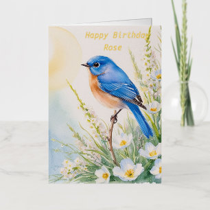 Carte De Vacances Métallisée Fleurs d'oiseau bleu personnalisées aquarelle anni