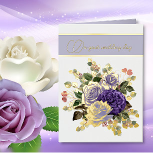 Carte De Vacances Métallisée Fleurs Violettes et Accents Dorés Mariage