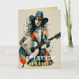 Carte De Vacances Métallisée Guitariste Country Girl personnalisée Art Inspiran