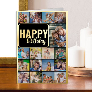 Carte De Vacances Métallisée Happy Birthday Photo Collage with 17 Pictures Gold