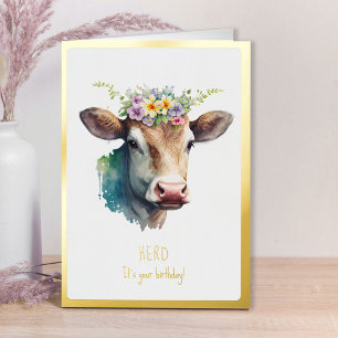 Carte De Vacances Métallisée Herd c'est ton anniversaire drôle Floral Vache Or