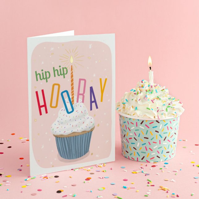 Carte De Vacances Métallisée Hip Hip Hooray Cupcake Joyeux anniversaire (Créateur téléchargé)