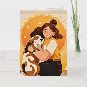 Carte De Vacances Métallisée Jolie Fille et câlin de chien 
