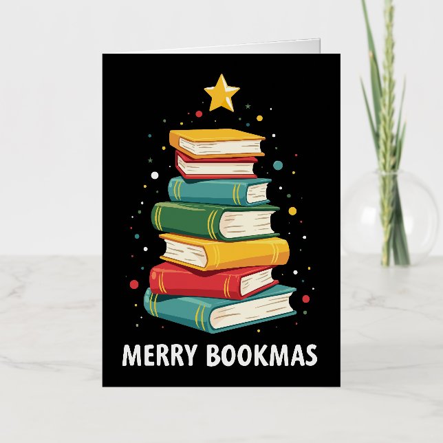 Carte De Vacances Métallisée Joy Bookmas - Festive Book Stack for Book Lovers (Recto)