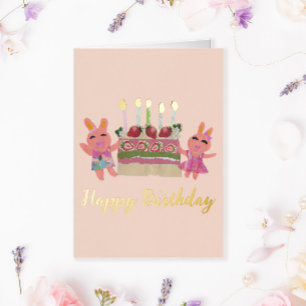 Carte De Vacances Métallisée Joyeux Anniversaire de belles lapines roses avec g