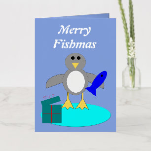 Carte De Vacances Métallisée Joyeux Noël Pêche Penguin Custom