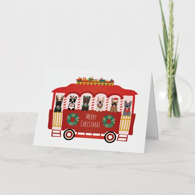 Carte De Vacances Métallisée Joyeux Noël Trolley de Bulldogs Français de Fêtes (Recto)