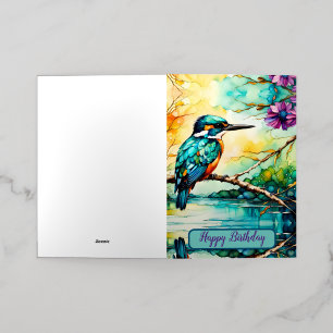 Carte De Vacances Métallisée Kingfisher perché sur l'eau Fleurs sauvages Annive