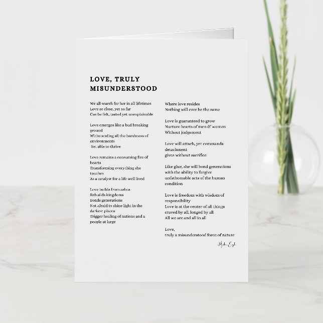 Carte De Vacances Métallisée L'amour vraiment mal compris poème d'amour (Recto)