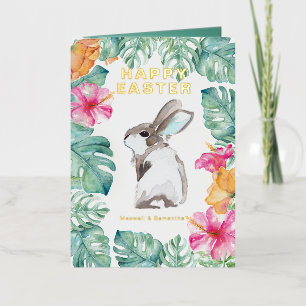 Carte De Vacances Métallisée Lapin de Pâques Fleurs Aquarelle