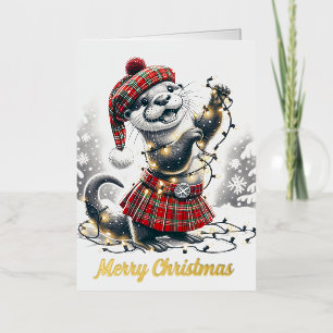 Carte De Vacances Métallisée Loutre de Noël écossaise de Noël