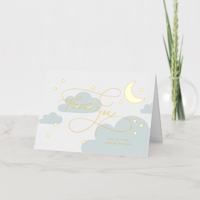 Carte De Vacances Métallisée Lune et Étoiles Bleu Script Bébé Merci (Recto)