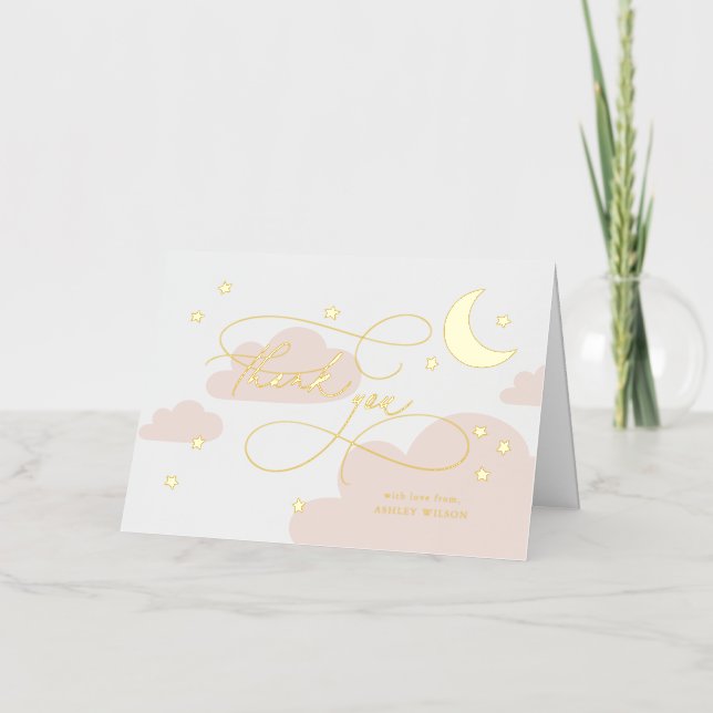 Carte De Vacances Métallisée Lune et Étoiles Écriture Rose Bébé Merci (Recto)
