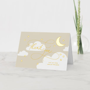 Carte De Vacances Métallisée Lune et étoiles Script beige Baby Merci