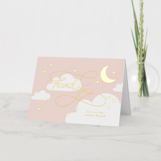 Carte De Vacances Métallisée Lune et étoiles Script rose Merci bébé (Recto)