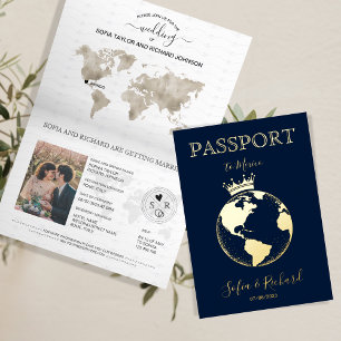 Carte De Vacances Métallisée Mariage de Destination Monde Globe Passeport Moder