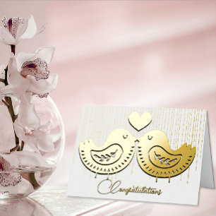 Carte De Vacances Métallisée Mariage d'oiseaux d'amour en or