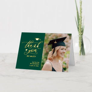 Carte De Vacances Métallisée Merci de graduation Green Elegant Gold Script
