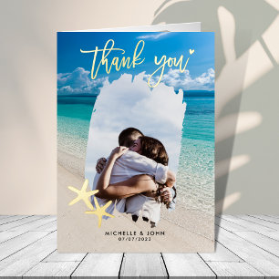 Carte De Vacances Métallisée Merci de mariage tropical de plage Gold Starfish