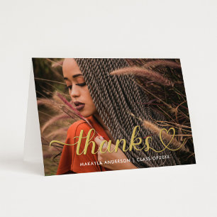 Carte De Vacances Métallisée Merci Gold Heart Script Custom Graduation Photo