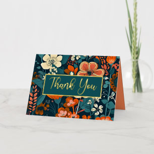 Carte De Vacances Métallisée Merci plié à fleurs orange et turquoise