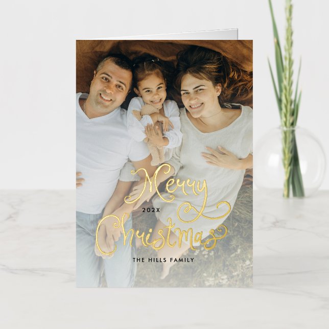 Carte De Vacances Métallisée Merry Christmas Whimsical Script Family 12 Photos (Recto)