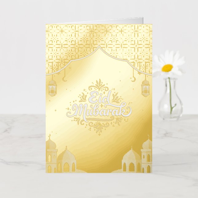 Carte De Vacances Métallisée Modren Eid Mubarak Doré (Petite fleur)