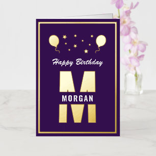 Carte De Vacances Métallisée Monogramme Joyeux Anniversaire Tout Âge Violet Bla