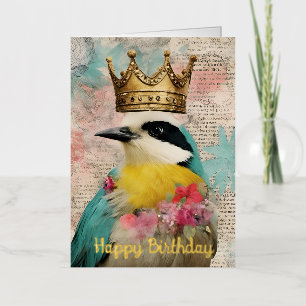 Carte De Vacances Métallisée Oiseau dans un collage de couronne d'anniversaire 