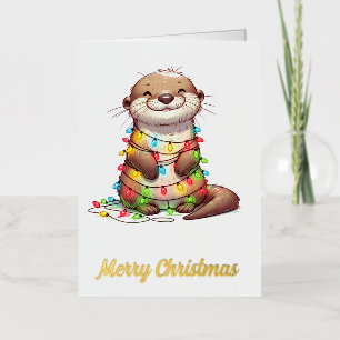 Carte De Vacances Métallisée Otter de Noël mignonne et festive enveloppé dans l