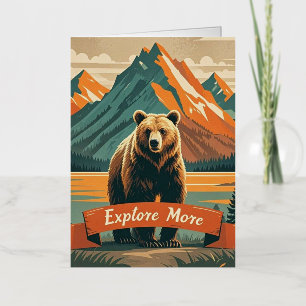 Carte De Vacances Métallisée Ours d'animation rétro et chaîne de montagnes