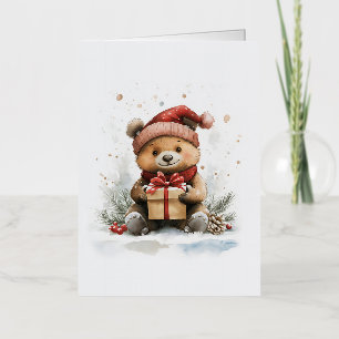 Carte De Vacances Métallisée Ours de bébé à Santa Hat - Noël