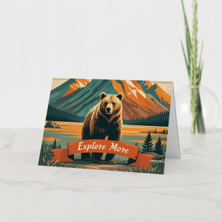 Carte De Vacances Métallisée Ours en style rétro dessin animé et chaîne de mont