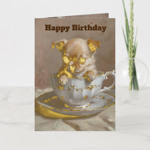 Carte De Vacances Métallisée Petit plaisir : chiot Chihuahua dans une tasse de