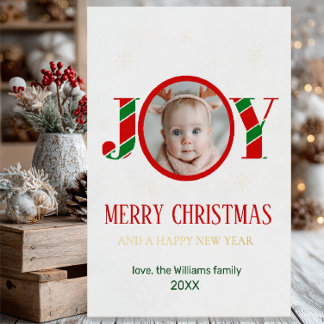 Carte De Vacances Métallisée Photo de Noël personnalisé avec Joie