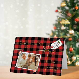 Carte De Vacances Métallisée Plaid Enveloppé Noël Présenté Avec Photo Réel
