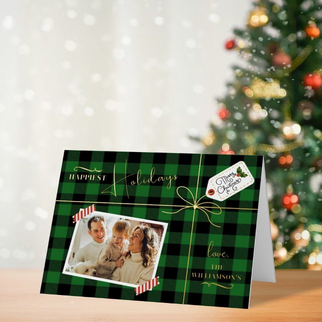Carte De Vacances Métallisée Plaid Enveloppé Noël Présenté Avec Photo Réel (Créateur téléchargé)
