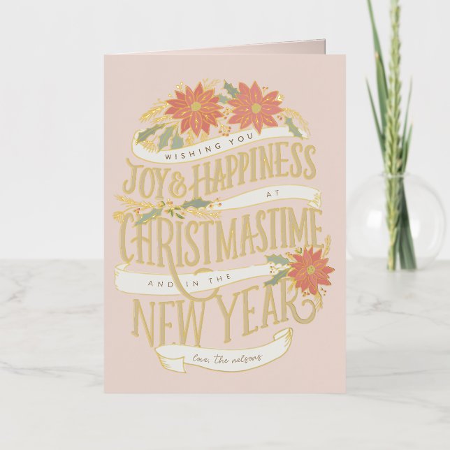 Carte De Vacances Métallisée Poinsettia bouges et bannières personnalisés (Recto)