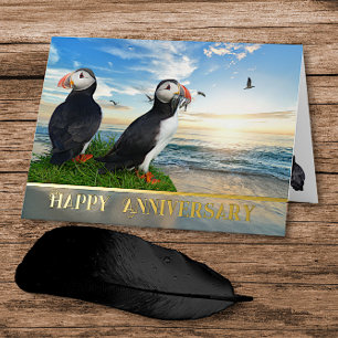 Carte De Vacances Métallisée Puffin Couple Anniversary