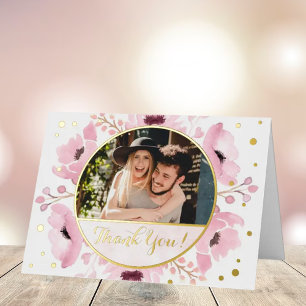 Carte De Vacances Métallisée Remerciements de mariage floraux aquarelle Pinks d