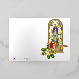 Carte De Vacances Métallisée Robin Stained Glass Holly Christmas Card Gold Foil