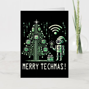Carte De Vacances Métallisée Robot IA avec arbre de Noël Tech - Joyeux Techmas
