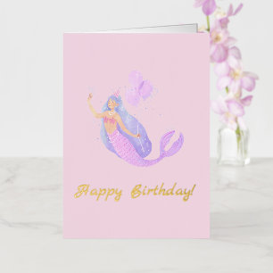 Carte De Vacances Métallisée Simple Anniversaire Sirène Rose