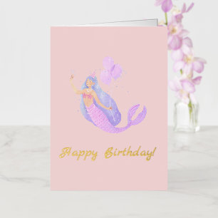 Carte De Vacances Métallisée Simple Anniversaire Sirène Rose Pêche