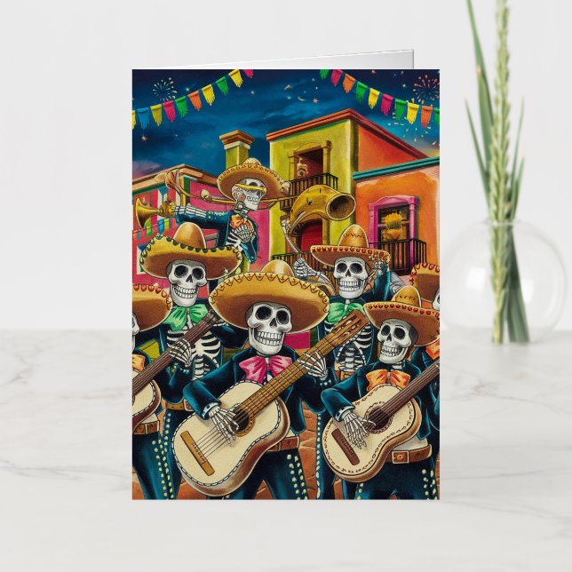 Carte De Vacances Métallisée Skeleton Mariachi Band Día de Los muertos (Recto)